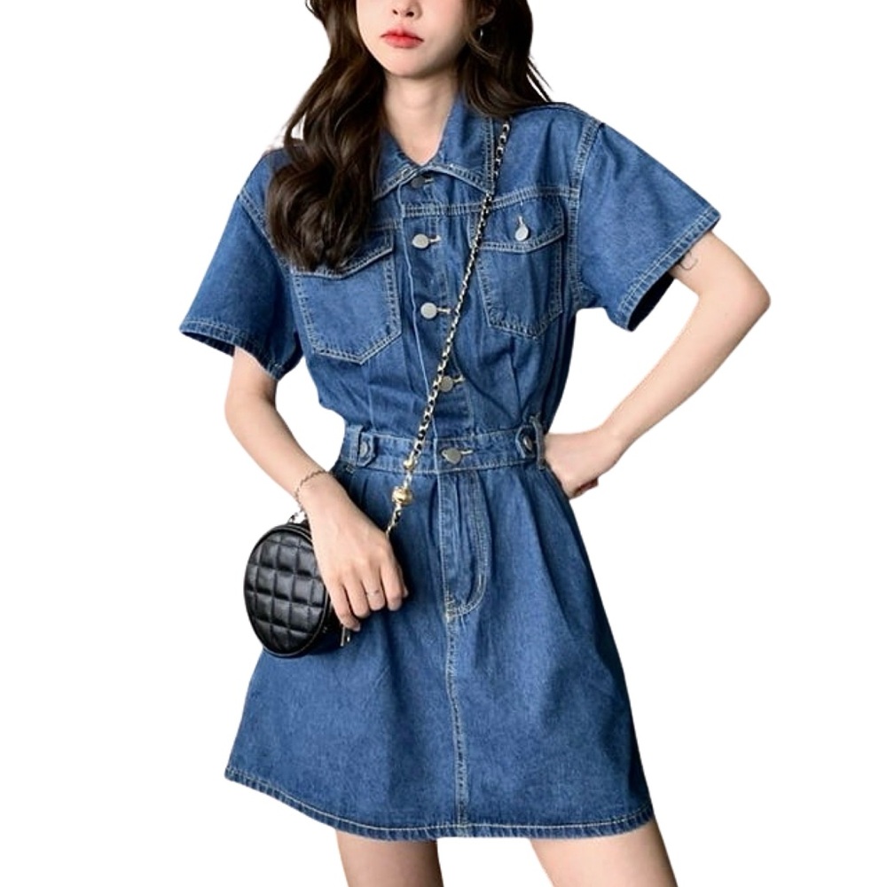 Blue Denim Mini Collared Button-Up Dress - Picture 2 of 11